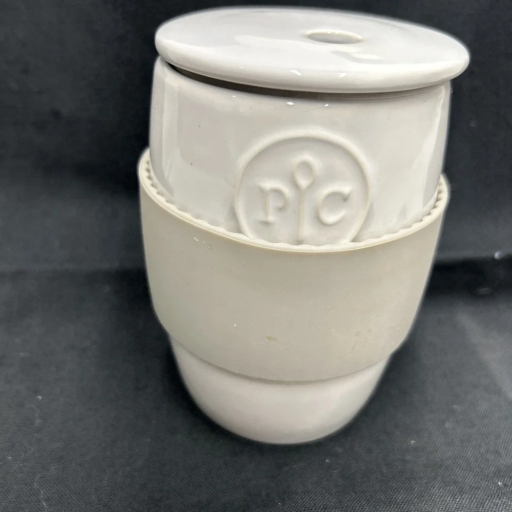 Pampered Chef White Ceramic Egg Cooker Cup Lid with Gray Silicone Sleeve #1529